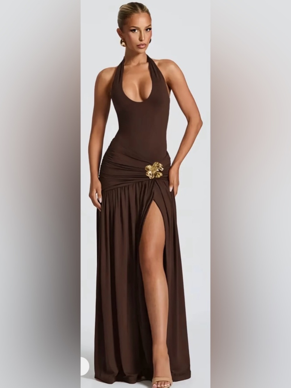 Chocolate Brown Halter Formal Dress w/ Gold Flower & Slit - Size L